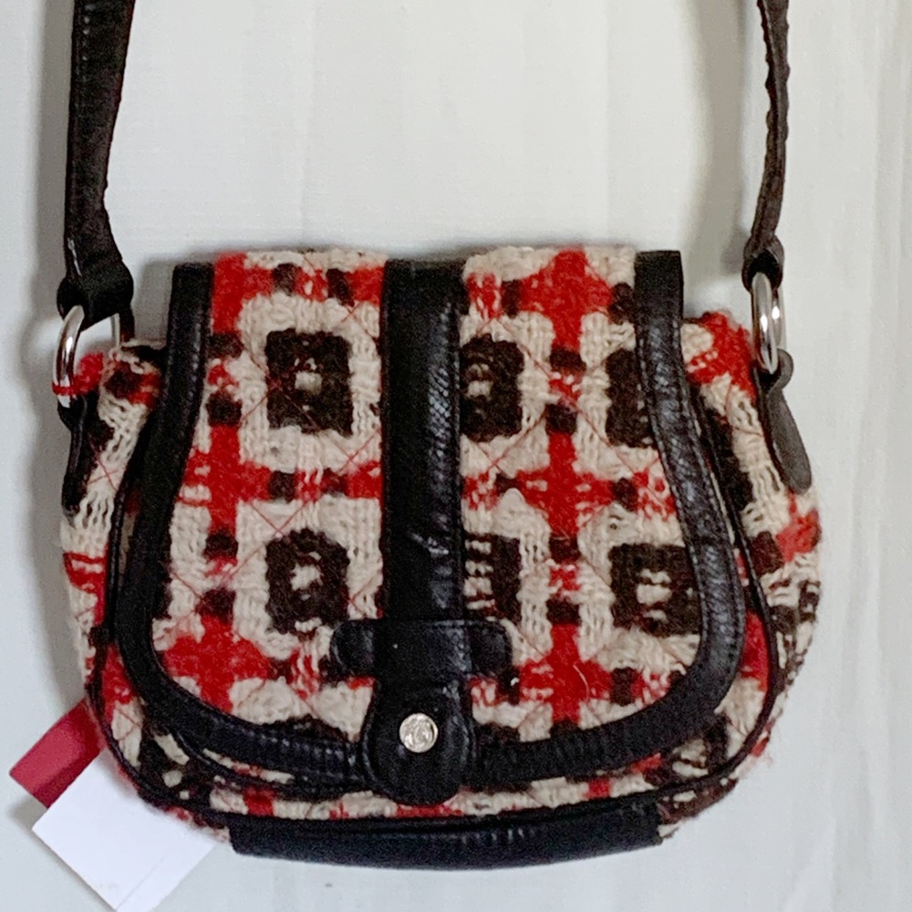 NWT Vera Bradley Red and Brown Geometric Mini Crossbody Saddle Bag in Tweed